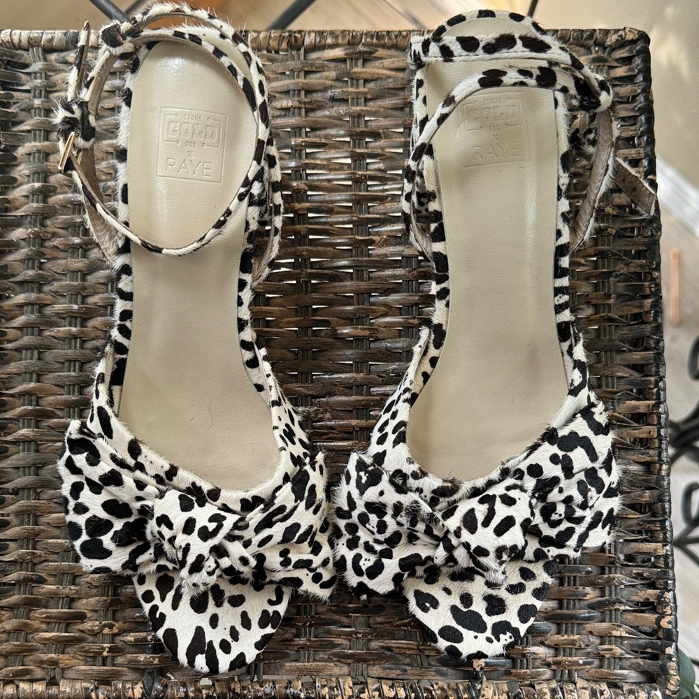 Stone Cold Fox X Raye 9 black & white calf hair ankle wrap block heel sandals